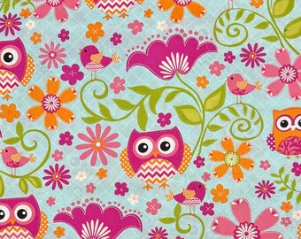 Owl fun flowers cotton woven fabric, bright, colorful retro look bird Brother Sister fabric, whimsical fun cc1