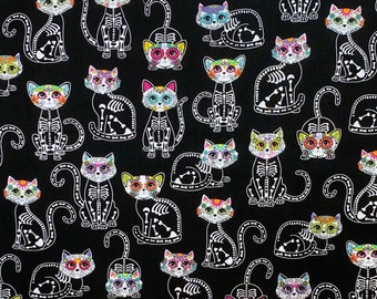 Sugar skull skeleton cat on black fabric, floral Halloween novelty cotton woven, day of the dead, dia de los Muertos (J7)