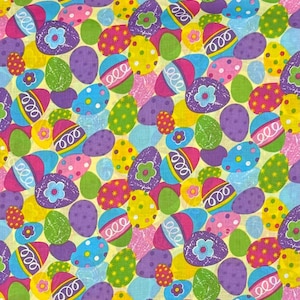 Brightly colored decorated eggs fabric, yellow Easter holiday cotton woven, Egg Toss by Springs Creative dots, swirls, stars dh1