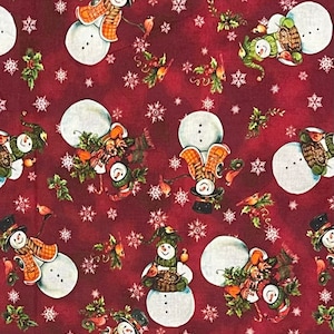 Whimsical Holiday snowmen on red fabric, fancy dressed up, Christmas, Winter holiday cotton woven, top hats, birds J25