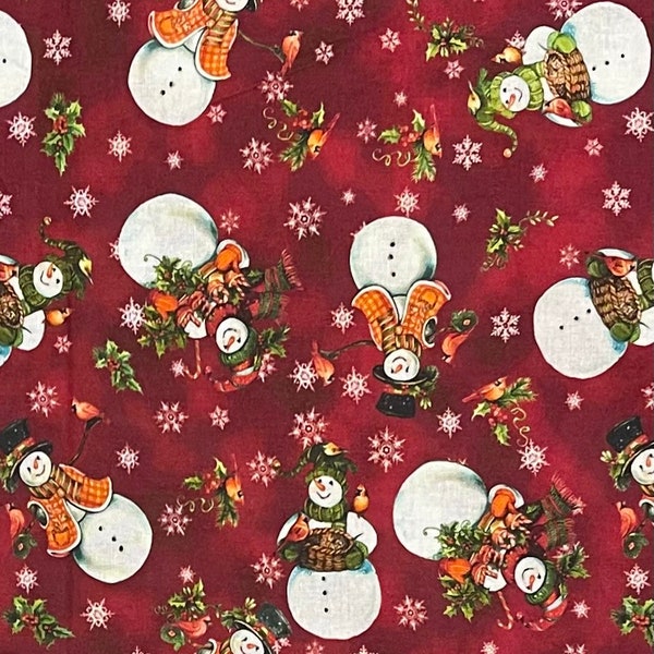 Whimsical Holiday snowmen on red fabric, fancy dressed up, Christmas, Winter holiday cotton woven, top hats, birds J25