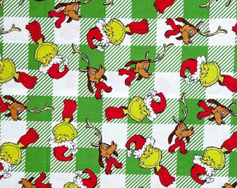 Grinch green Buffalo plaid fabric, How the Grinch stole Christmas, Max the dog reindeer, cotton woven, Santa, Robert Kaufman, Dr. Suess J13