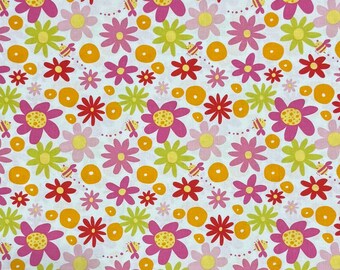 Bright colorful floral fabric, pinks, green, orange yellow flowers on white, bees, Free Spirit David Walker Garden cotton woven fl4