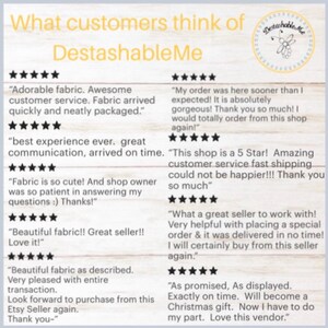 May include: Image featuring customer reviews for DestashableMe, with text and five-star ratings. Reviews highlight fabric quality, customer service, and fast shipping. The shop's logo is in the upper right corner.