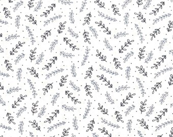 Blue and black leaf vine pattern on white cotton woven fabric, precut yard Waverly