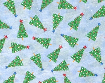 Decorated  patriotic Christmas trees on blue fabric, trees, holiday novelty cotton woven by the yard, red and blue stars “Tis the Season”FL9