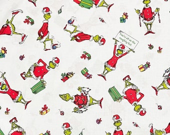 Santa Grinch white fabric, you’re all on the naughty list, gifts, tangling lights, decorations, presents j26