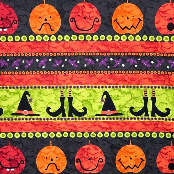 Halloween witch and Jack-o-lantern fabric, witches hat boots, striped holiday novelty cotton woven, quilting, Andover orange green black ZL8