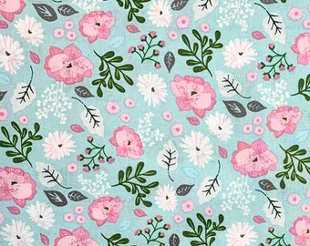 Spring flower fabric, pink and white flowers on blue, greenery Easter cotton woven, floral print by the yard D1