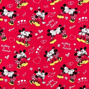 Mickey and Minnie Mouse kiss valentines love fabric, Springs Creative, Disney smooch, hearts red cotton woven (J20)