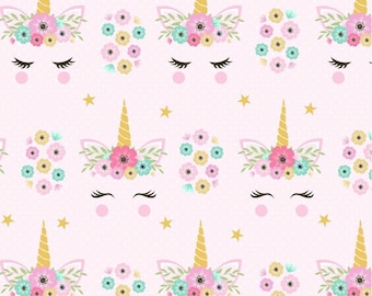 Floral Unicorn on pink polka dot cotton woven fabric. One yard Pre-cut piece, whimsical, girly, mystical, mythical flowers pastel Easter wt6