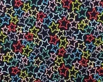 Rainbow colored Stars on charcoal fabric, celestial cotton woven novelty, rainbow colors, by the yard, Merry Stars, Makower ZL4