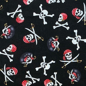 Pirate skull fabric, skull and cross bones, cotton woven, costume swords, black, captains skull, Halloween novelty boy (J2) 12” piece