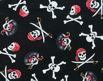 Pirate skull fabric, skull and cross bones, cotton woven, costume swords, black, captains skull, Halloween novelty boy (J2) 12” piece