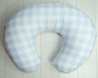 Nursing Pillow Cover- Light Blue Check With Minky Underside