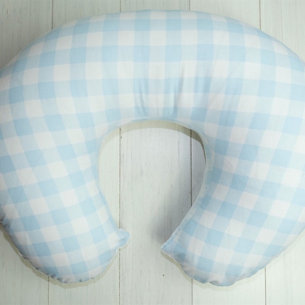 Nursing Pillow Cover- Light Blue Check With Minky Underside