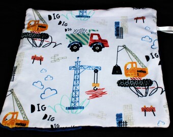 Minky Baby Lovey Blanket - Dig Dig Dig Construction With Navy Minky Dots Underside