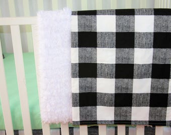 Faux Fur Baby Blanket - Black & White Buffalo Check