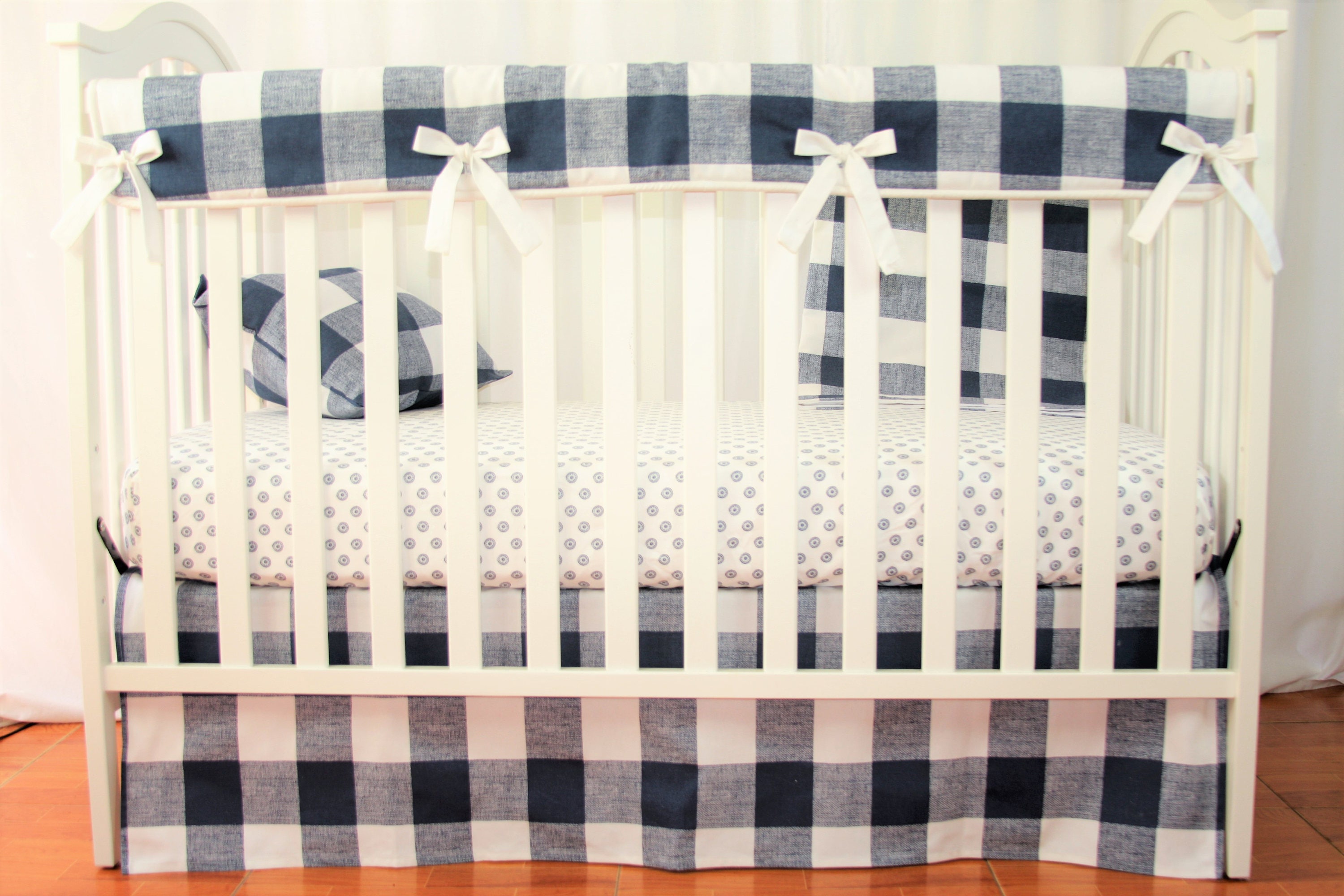 Crib Bedding Skirt / Mini Crib Skirt- Navy Buffalo Check - Navy & White