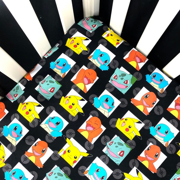 Fitted Crib Sheet / Mini Crib Sheet / Pack N Play - Black Pokemon Characters