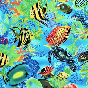 May include: A colorful underwater scene with a variety of fish, coral, and a sea turtle. The fish are in shades of blue, green, yellow, orange, and red. The coral is in shades of pink, orange, and red. The sea turtle is blue and green.