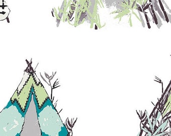 May include: A white background with a repeating pattern of colorful teepees. The teepees are drawn in a whimsical style with green, blue, and white accents.