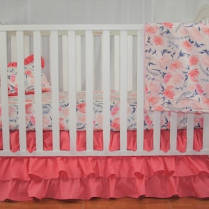 Crib Bedding Set 2 Pc- Aquarelle Study Wash - Baby Bedding, Pink Crib Bedding, Baby Bedding, Coral Crib Rail Cover, Ruffle Skirt