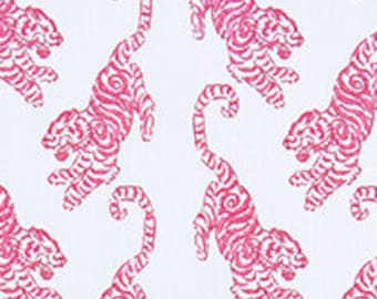 May include: White fabric with a repeating pattern of pink tigers. The tigers are stylized and have a swirling tail.