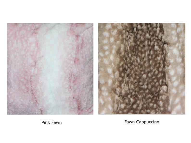 May include: Two faux fur throw pillows, one in pink with white spots and one in brown with white spots. The pillows are labeled "Pink Fawn" and "Fawn Cappuccino".