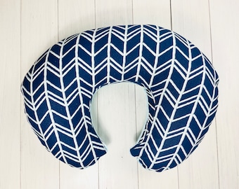 Nursing Pillow Cover- Navy Herringbone With Minky Underside