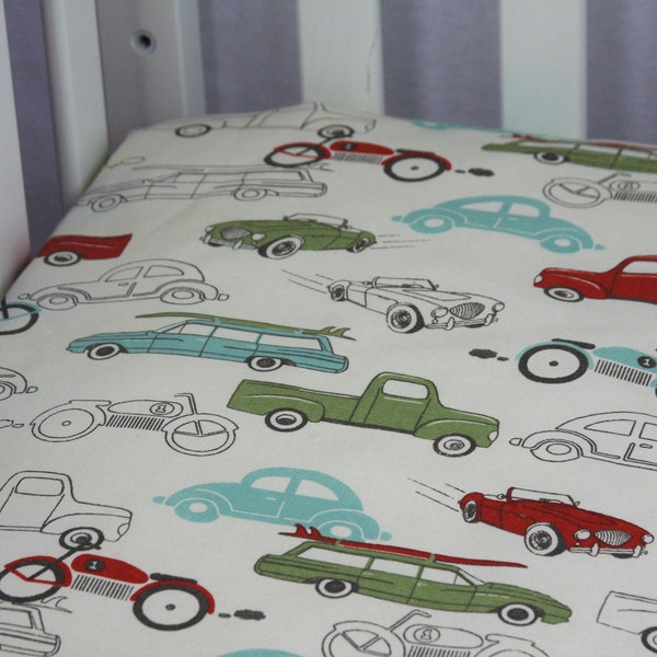 Fitted Crib Sheet / Mini Crib Sheet / Pack N Play - Retro Rides - Vintage Cars