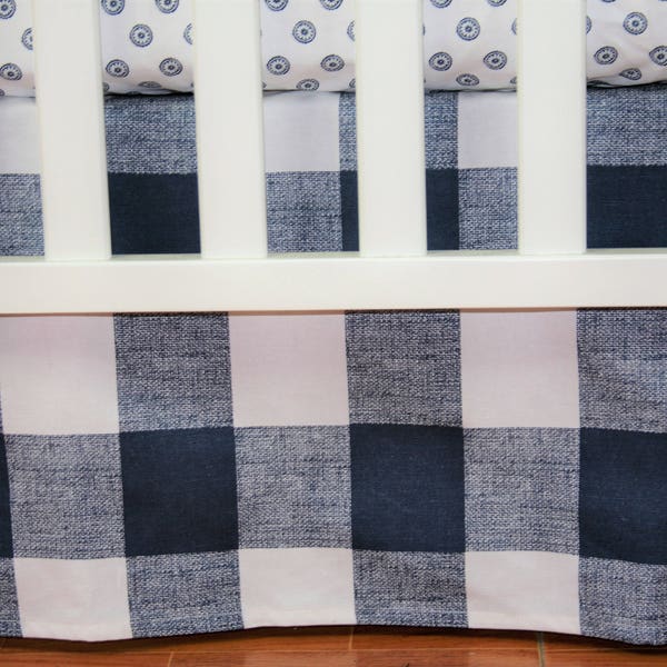 Crib Bedding Skirt / Mini Crib Skirt- Navy Buffalo Check - Navy & White