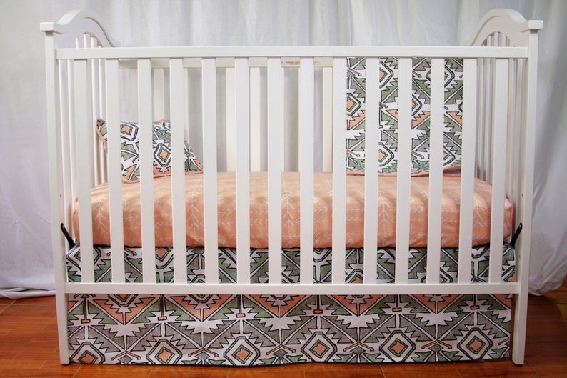 Bumperless Crib Bedding Set Peach Native Aztec Baby White Tailored Skirt