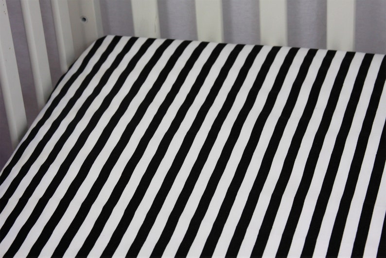 Cotton Knit Fitted Crib Sheet / Mini Crib Sheet / Pack N Play Black & White Stripe image 1