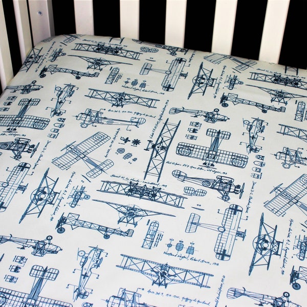 Fitted Crib Sheet / Mini Crib Sheet / Pack N Play - Premium Cotton - Blue & Cream WW1 Aircraft