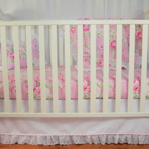 Crib Bedding Set Pink Roses - Baby Bedding, Pink Crib Bedding, Pink & White Baby Bedding, Tailored Skirt With Lace
