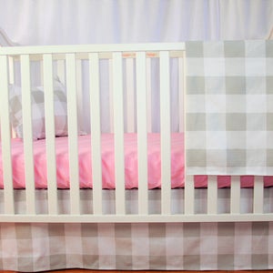 Crib Bedding Set French Gray Buffalo Check - Baby Bedding, Pink Crib Bedding, Pink Baby Bedding, Tailored Skirt