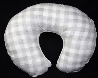 Nursing Pillow Cover- Gray & White Plaid - With Minky Underside