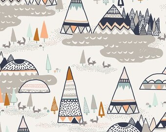 May include: A white background with a whimsical pattern of mountains, trees, and foxes. The mountains are stylized with geometric patterns in shades of blue, pink, and orange. The trees are green and brown, and the foxes are black and white.