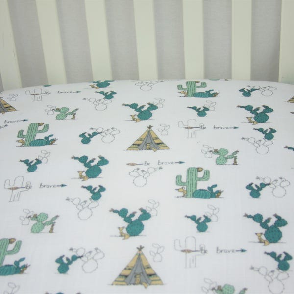 Fitted Crib Sheet / Mini Crib Sheet / Pack N Play - Brave Cactus - Double Gauze Sheet