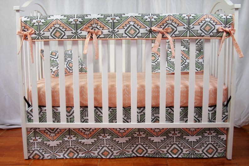 Bumperless Crib Bedding Set Peach Native Aztec Baby White Gray Rail Cover Tailored Skirt