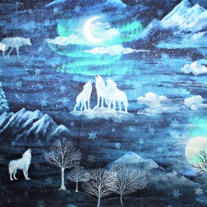 May include: A watercolor painting of a wintery scene with a crescent moon, a full moon, and a snowy mountain range.  There are white wolves howling at the moon and a white owl flying in the sky.  The background is a dark blue with white snowflakes.