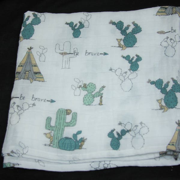 Double Gauze Swaddle Blankets - Be Brave - Baby Blanket - Teal & White - Breathable Fabric - Crib Blanket - Cactus -Newborn Blanket - Teepee