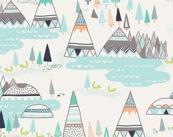 May include: A white background with a repeating pattern of blue, green, and gray mountains with geometric designs. The mountains are surrounded by small trees and foxes.