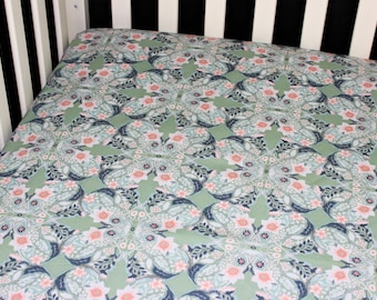 Fitted Crib Sheet / Mini Crib Sheet / Pack N Play - Mint Ornate Flowers