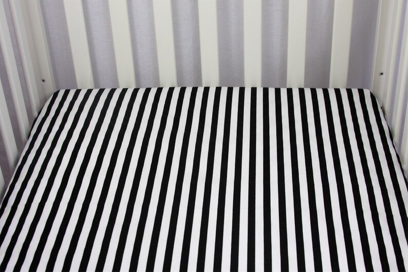 Cotton Knit Fitted Crib Sheet / Mini Crib Sheet / Pack N Play Black & White Stripe image 2