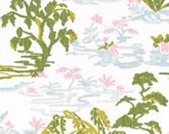 May include: A white background with a repeating pattern of green and blue stylized trees, water, and pink flowers. The pattern is reminiscent of a traditional Japanese landscape painting.
