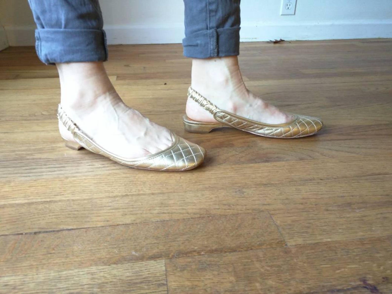 anne klein quilted leather gold ballet flats size 7 preppie nineties classic sling back