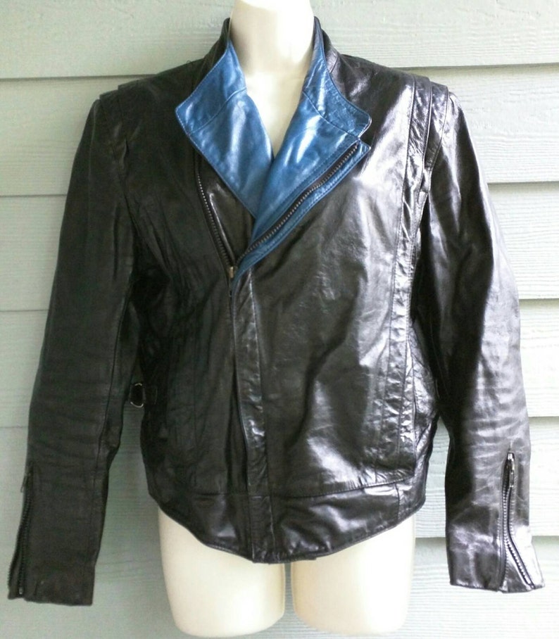Motorcycle jacket 80's leather bright blue collar black Etsy