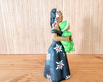 Handmade folk art figurine mother and baby Caribbean lady signed colorful green as-is